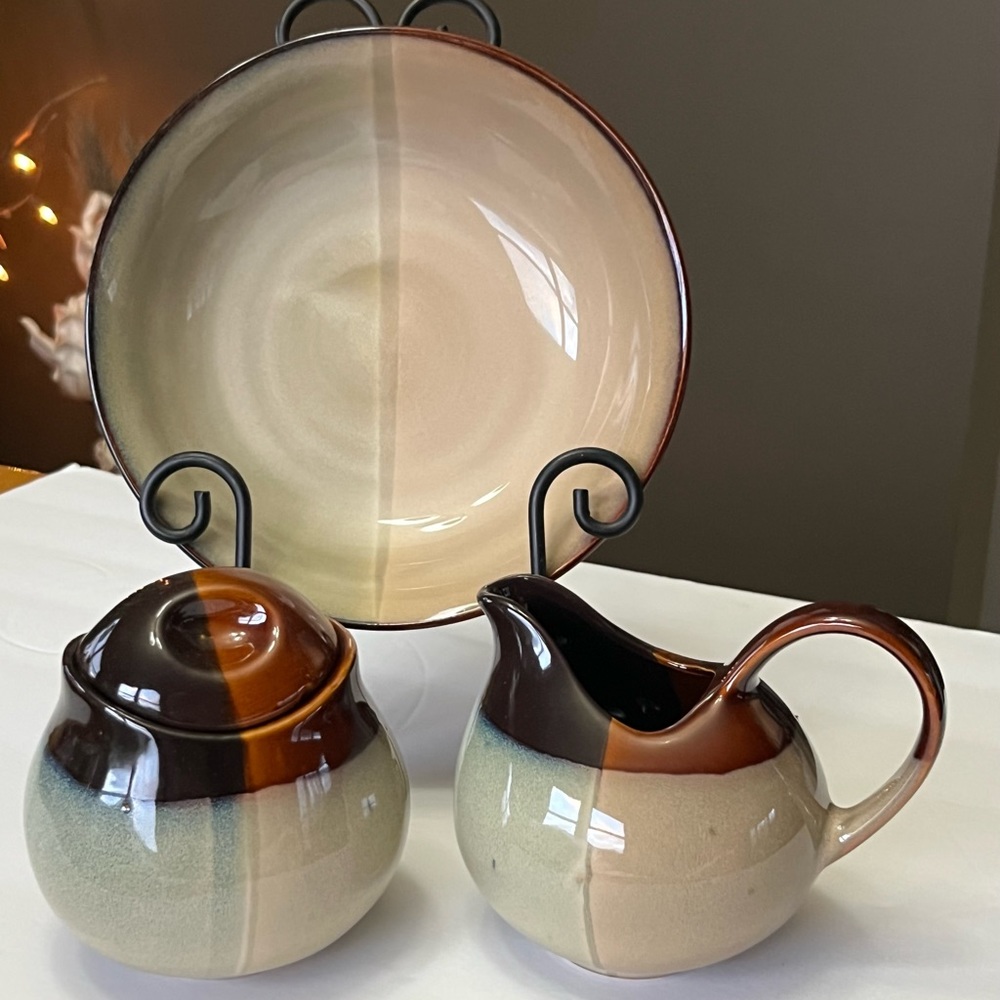 Pfaltzgraff Java glazed stoneware sugar/creamer set with bowl, 2008-2019